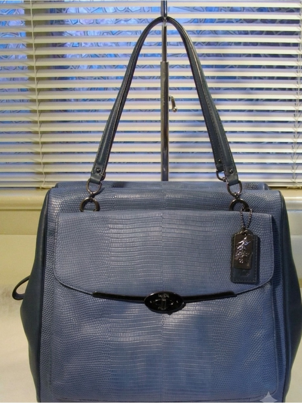 Coach 26321 Madison Embossed Lizard North South Satchel Indigo Blue